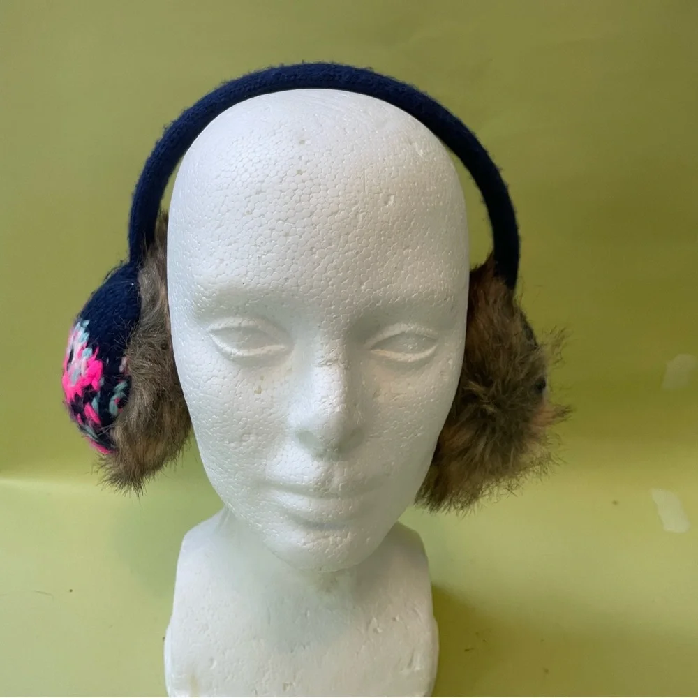 Multicolored acrylic/faux fur knitted earmuffs